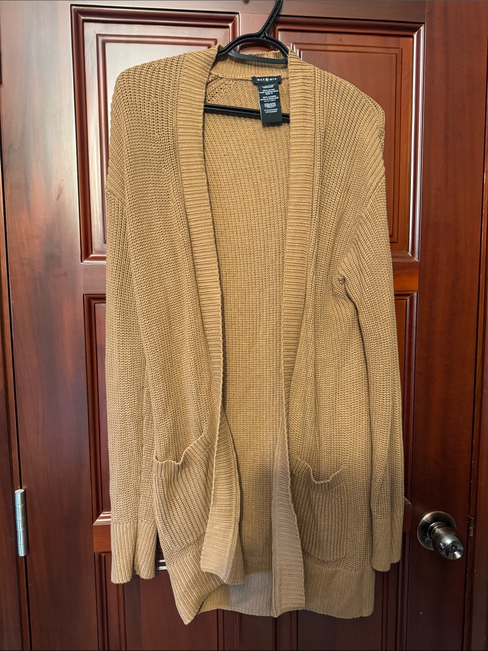 Max & Mia Open-Front Ribbed Pocket Cardigan - Camel